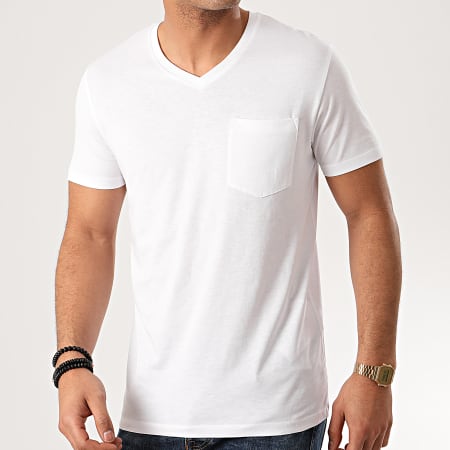 Celio - Tee Shirt Poche Col V Pebasic Blanc