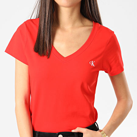 Calvin Klein - Tee Shirt Slim Femme Col V Embroidery Stretch 3716 Rouge