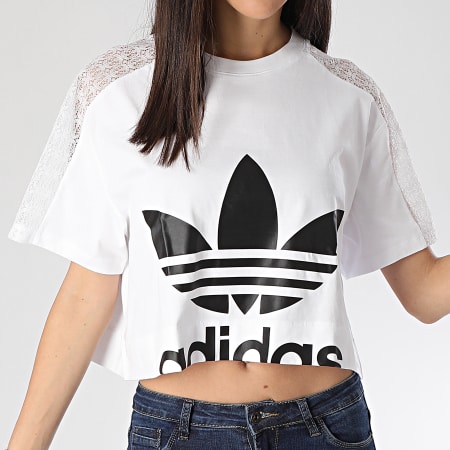 Adidas Originals - Tee Shirt Crop Femme A Bandes FL4128 Blanc