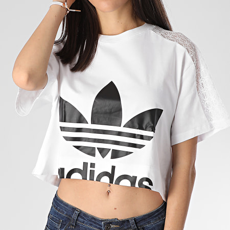 Adidas Originals - Tee Shirt Crop Femme A Bandes FL4128 Blanc