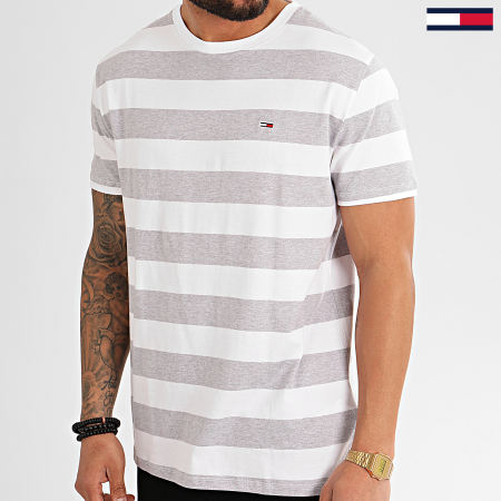 Tommy Jeans - Tee Shirt A Rayures Bold Stripe 7810 Blanc Gris Chiné