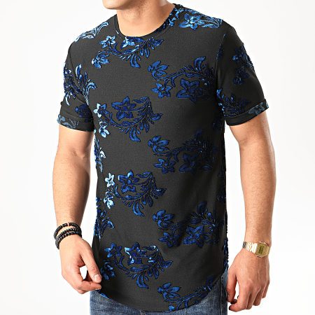 Frilivin - Tee Shirt Oversize Floral Velours 13816H19 Noir Bleu
