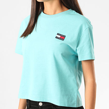 Tommy Jeans - Tee Shirt Femme Crop Tommy Badge 6813 Bleu Turquoise