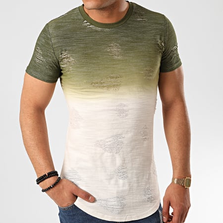 John H - Tee Shirt Oversize T2072 Vert Kaki Blanc