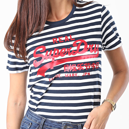 Superdry - Tee Shirt Femme Satin Stripe Entry Bleu Marine Blanc