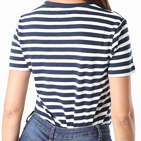 Superdry - Tee Shirt Femme Satin Stripe Entry Bleu Marine Blanc