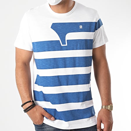 G-Star - Tee Shirt One Stripes D17115 Blanc Bleu