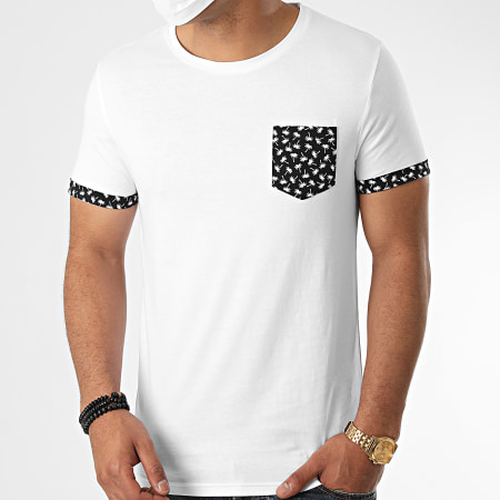 LBO - Tee Shirt Avec Poche Et Revers Imprimé Palmier 1096 Blanc