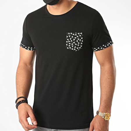 LBO - Tee Shirt Avec Poche Et Revers Imprimé Palmier 1097 Noir
