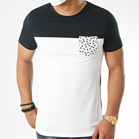 LBO - Tee Shirt Bicolore Avec Poche Imprimé Palmier 1098 Blanc