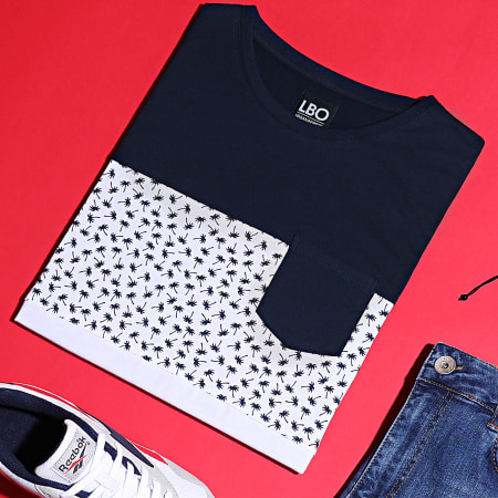 LBO - Tee Shirt Imprimé Avec Poche 1106 Bleu Marine Blanc