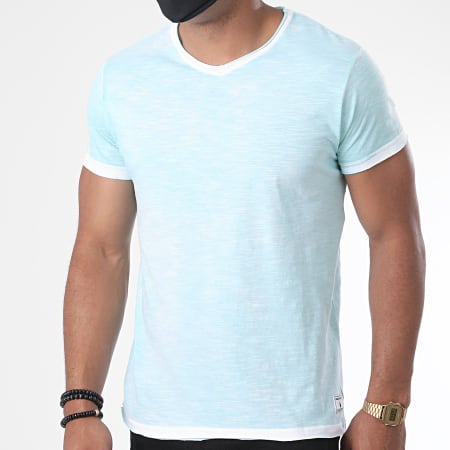 Paname Brothers - Tee Shirt Col V Toto-A Bleu Turquoise Chiné