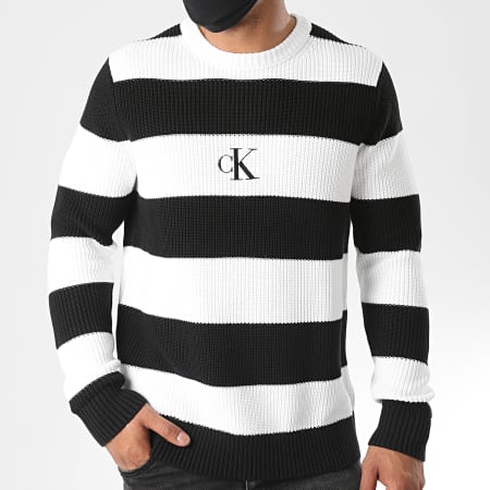 Calvin Klein - Pull A Rayures Striped Monogram 5621 Noir Blanc