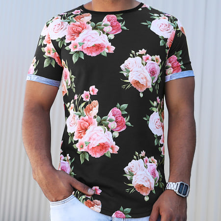 LBO - Tee Shirt Oversize Imprimé Avec Revers 1107 Noir Floral