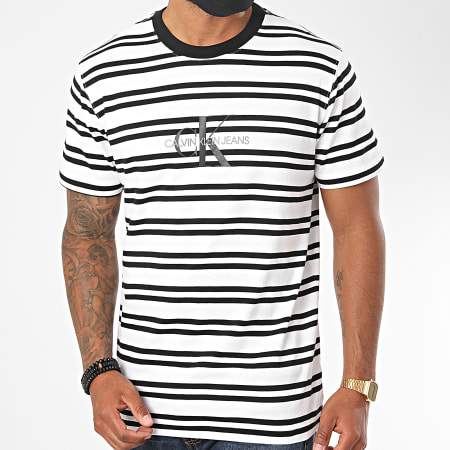 Calvin Klein - Tee Shirt A Rayures Striped Center CK Logo 5698 Blanc Noir