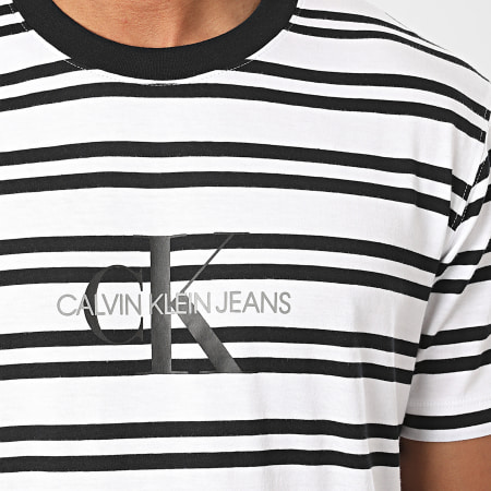 Calvin Klein - Tee Shirt A Rayures Striped Center CK Logo 5698 Blanc Noir