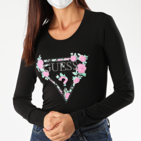Guess - Tee Shirt Manches Longues Femme Strass Floral W0YI83-J1300 Noir