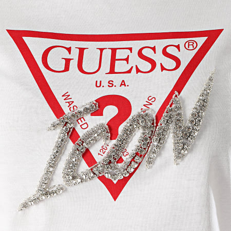 Guess - Tee Shirt Femme Strass W0YI32-I3Z00 Blanc Argenté