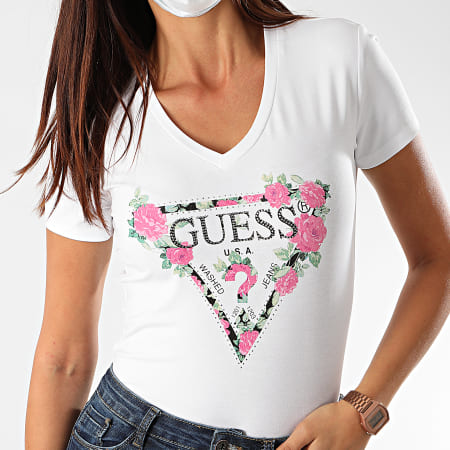 Guess - Tee Shirt Femme Col V Strass Floral W0YI83-J1300 Blanc