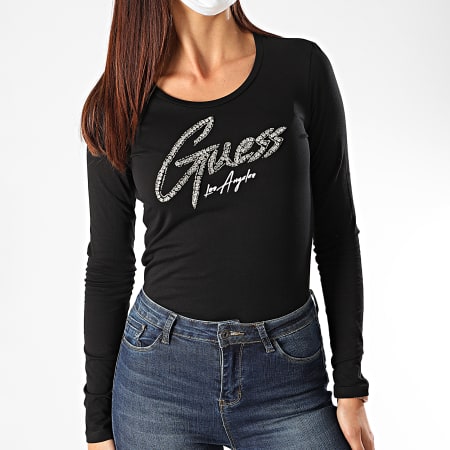 Guess - Tee Shirt Manches Longues Femme Strass W0YI65-JA900 Noir Argenté