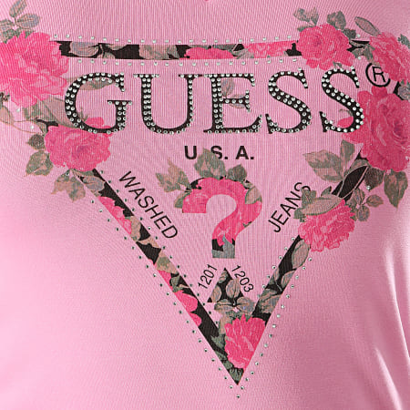 Guess - Tee Shirt Femme Col V Floral Strass W0YI85-J1300 Rose