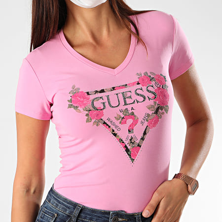 Guess - Tee Shirt Femme Col V Floral Strass W0YI85-J1300 Rose