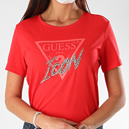 Guess - Tee Shirt Femme Strass W0YI32-I3Z00 Rouge Argenté