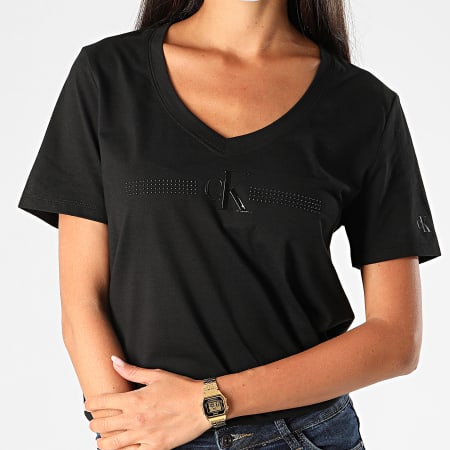 Calvin Klein - Tee Shirt Femme Col V Monogram Stud Gel 4234 Noir
