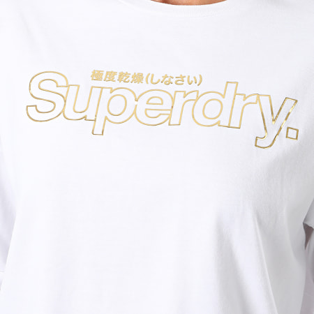 Superdry - Tee Shirt Femme Swiss Logo Outline W1010139A Blanc Doré