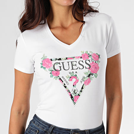Guess - Tee Shirt Col V Femme A Strass W0YI85-J1300 Blanc Floral