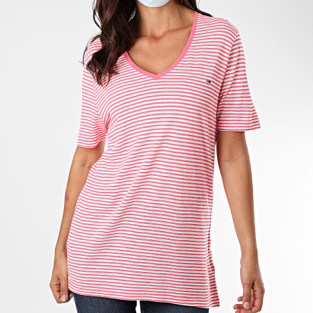 Tommy Jeans - Tee Shirt Femme A Rayures Texture Feel 8604 Blanc Rose