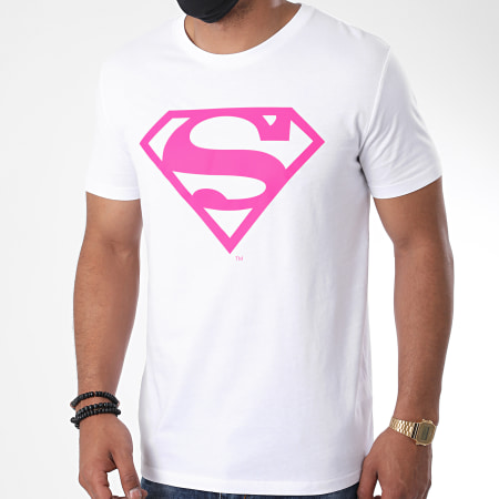 DC Comics - Tee Shirt Neon Logo Blanc Rose Fluo