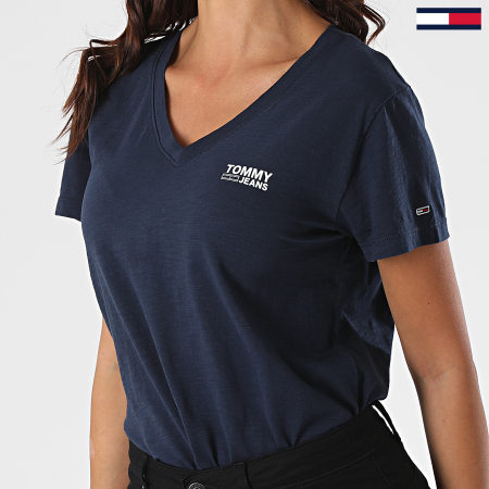 Tommy Jeans - Tee Shirt Col V Femme Logo Slub 8669 Bleu Marine