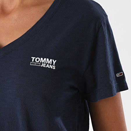 Tommy Jeans - Tee Shirt Col V Femme Logo Slub 8669 Bleu Marine