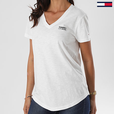 Tommy Jeans - Tee Shirt Col V Femme Logo Slub 8669 Blanc