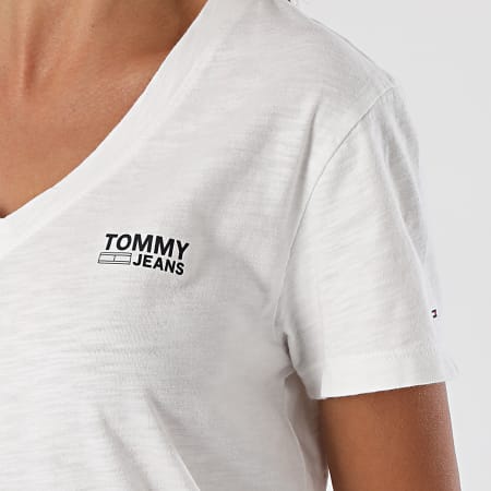 Tommy Jeans - Tee Shirt Col V Femme Logo Slub 8669 Blanc