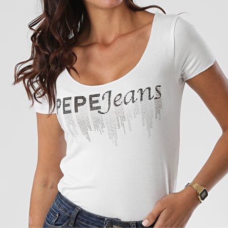 Pepe Jeans - Tee Shirt Femme Strass Abbey PL504506 Blanc