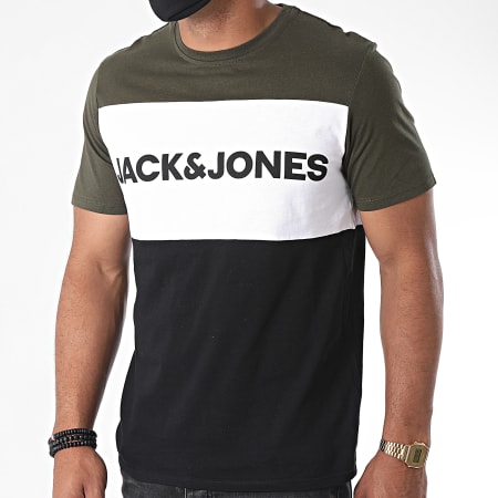 Jack And Jones - Tee Shirt Tricolore Logo Blocking Verde Khaki Bianco Nero