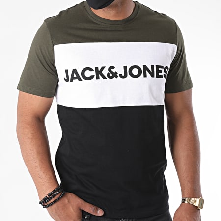 Jack And Jones - Tee Shirt Tricolore Logo Blocking Verde Khaki Bianco Nero
