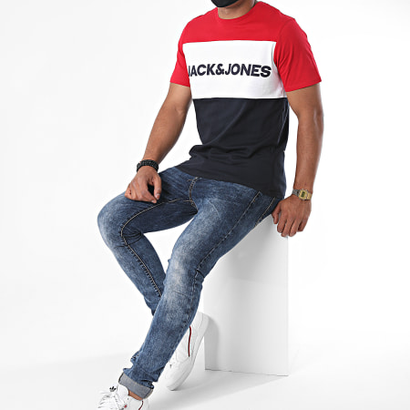 Jack And Jones - Tee Shirt Tricolore Logo Blocking Bleu Marine Blanc Rouge