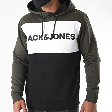 Jack And Jones - Felpa con cappuccio tricolore Logo Blocking Verde Khaki Bianco Nero