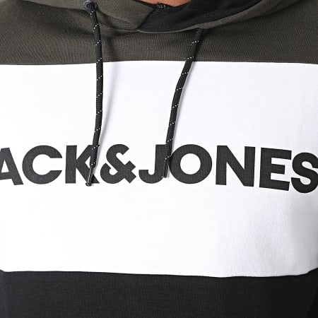 Jack And Jones - Sweat Capuche Tricolore Logo Blocking Vert Kaki Blanc Noir