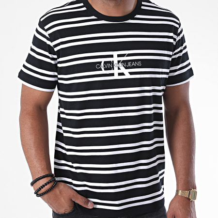 Calvin Klein - Tee Shirt A Rayures Striped Center CK Logo 5698 Noir Blanc