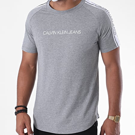 Calvin Klein - Tee Shirt A Bandes Logo Tape Shoulder 5983 Gris Chiné
