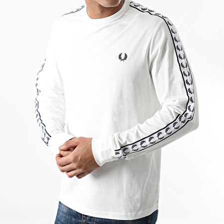 Fred Perry - Tee Shirt Manches Longues A Bandes Taped M9673 Blanc
