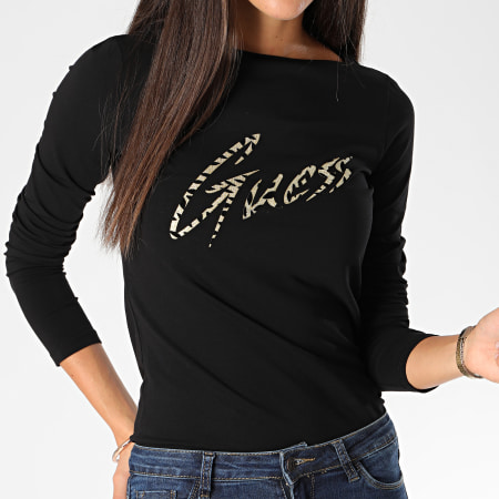 Guess Tee Shirt Femme Manches Longues W0BI89 J1300 Noir Dor