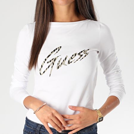 Guess - Tee Shirt Femme Manches Longues W0BI89-J1300 Blanc Doré
