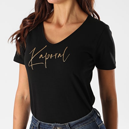 Kaporal - Tee Shirt Slim Femme Col V Azis Noir Doré
