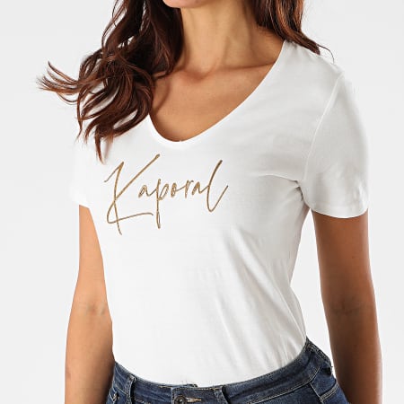 Kaporal - Tee Shirt Slim Femme Col V Azis Blanc Doré