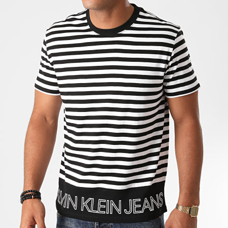 Calvin Klein - Tee Shirt A Rayures Outline Logo Striped 6458 Blanc Noir